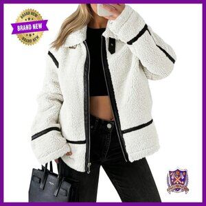 Faux Fur Sherpa Moto Jacket with Leather Patchwork Zip Up Coat